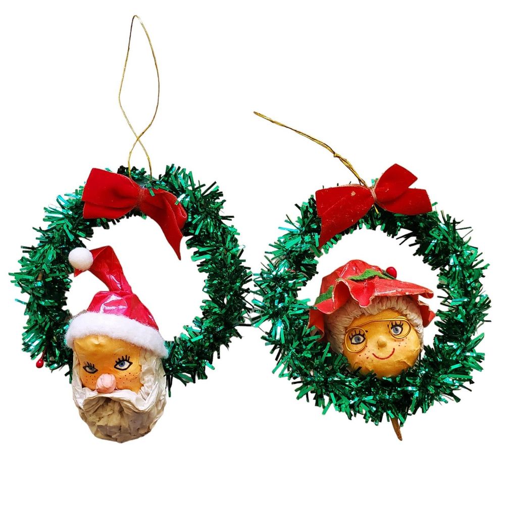 Vintage Handmade Paper Mache Santa Clause Mrs. Clause Wreath Ornaments Adorable